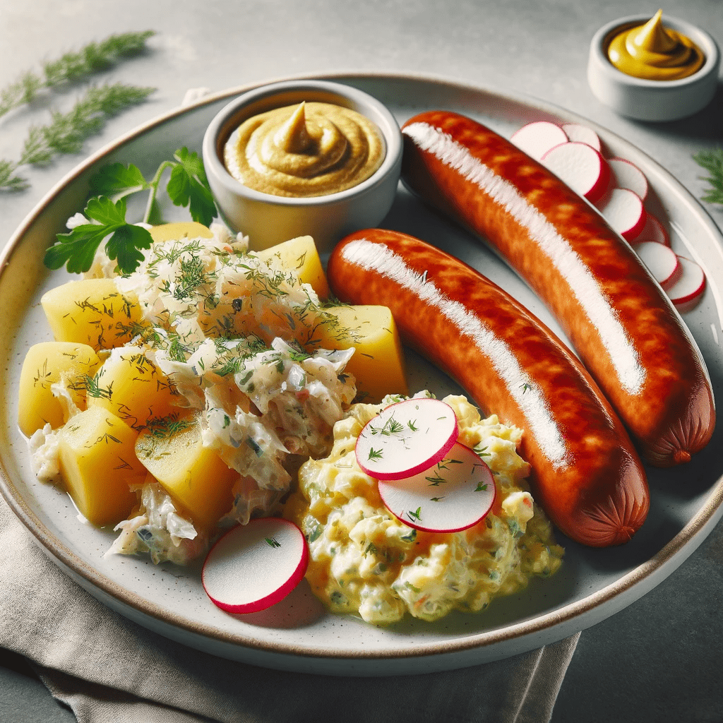 Bild von Würstchen mit Kartoffel- und Krautsalat